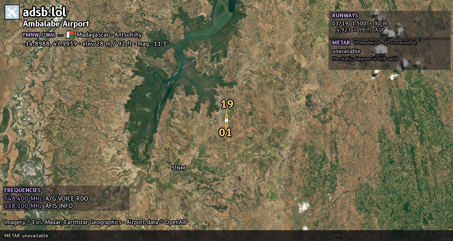 Satellite map with the runway layout of Ambalabe Airport (FMNW)