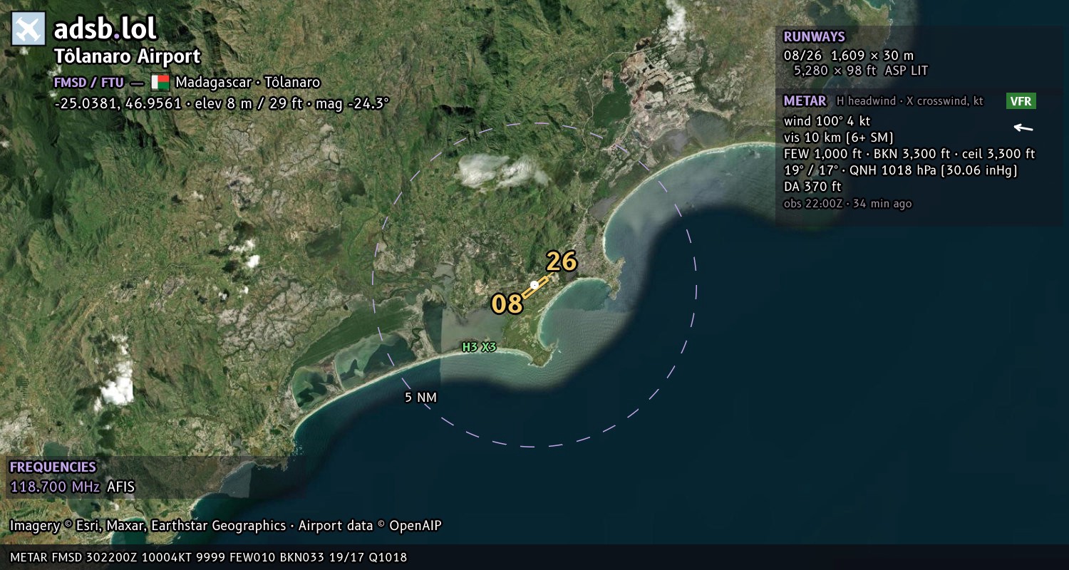 Satellite map with the runway layout of Tôlanaro Airport (FMSD)