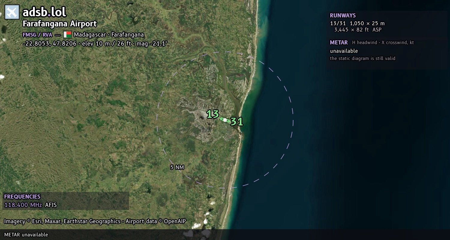 Satellite map with the runway layout of Farafangana Airport (FMSG)