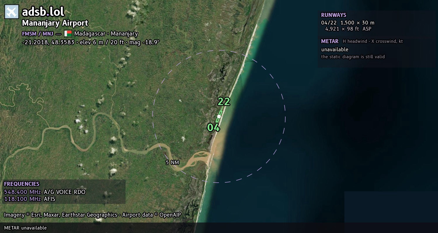 Satellite map with the runway layout of Mananjary Airport (FMSM)