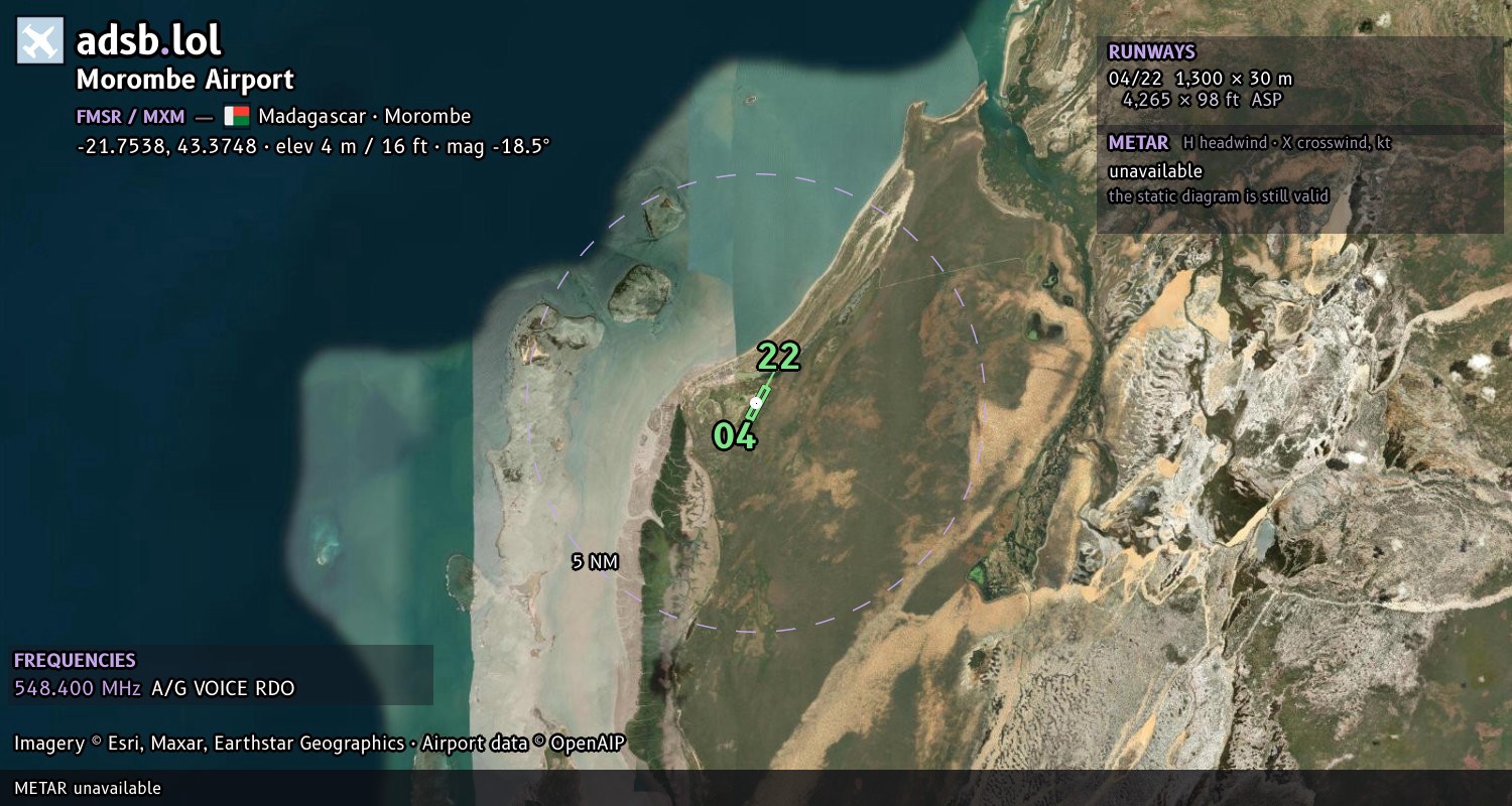 Satellite map with the runway layout of Morombe Airport (FMSR)
