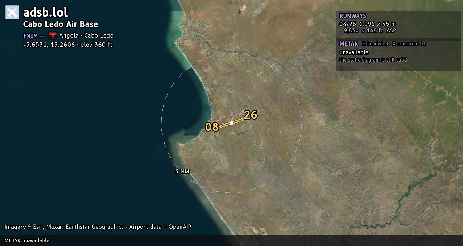 Satellite map with the runway layout of Cabo Ledo Air Base (FN19)
