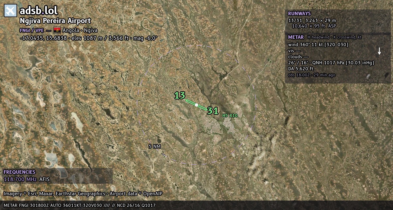 Satellite map with the runway layout of Ngjiva Pereira Airport (FNGI)