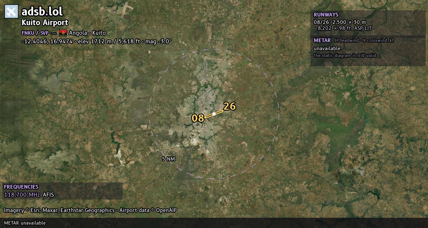 Satellite map with the runway layout of Kuito Airport (FNKU)