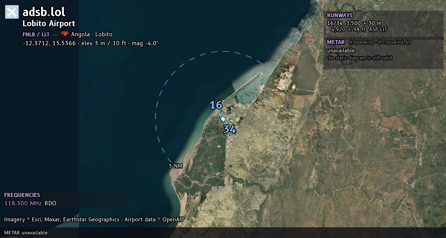 Satellite map with the runway layout of Lobito Airport (FNLB)