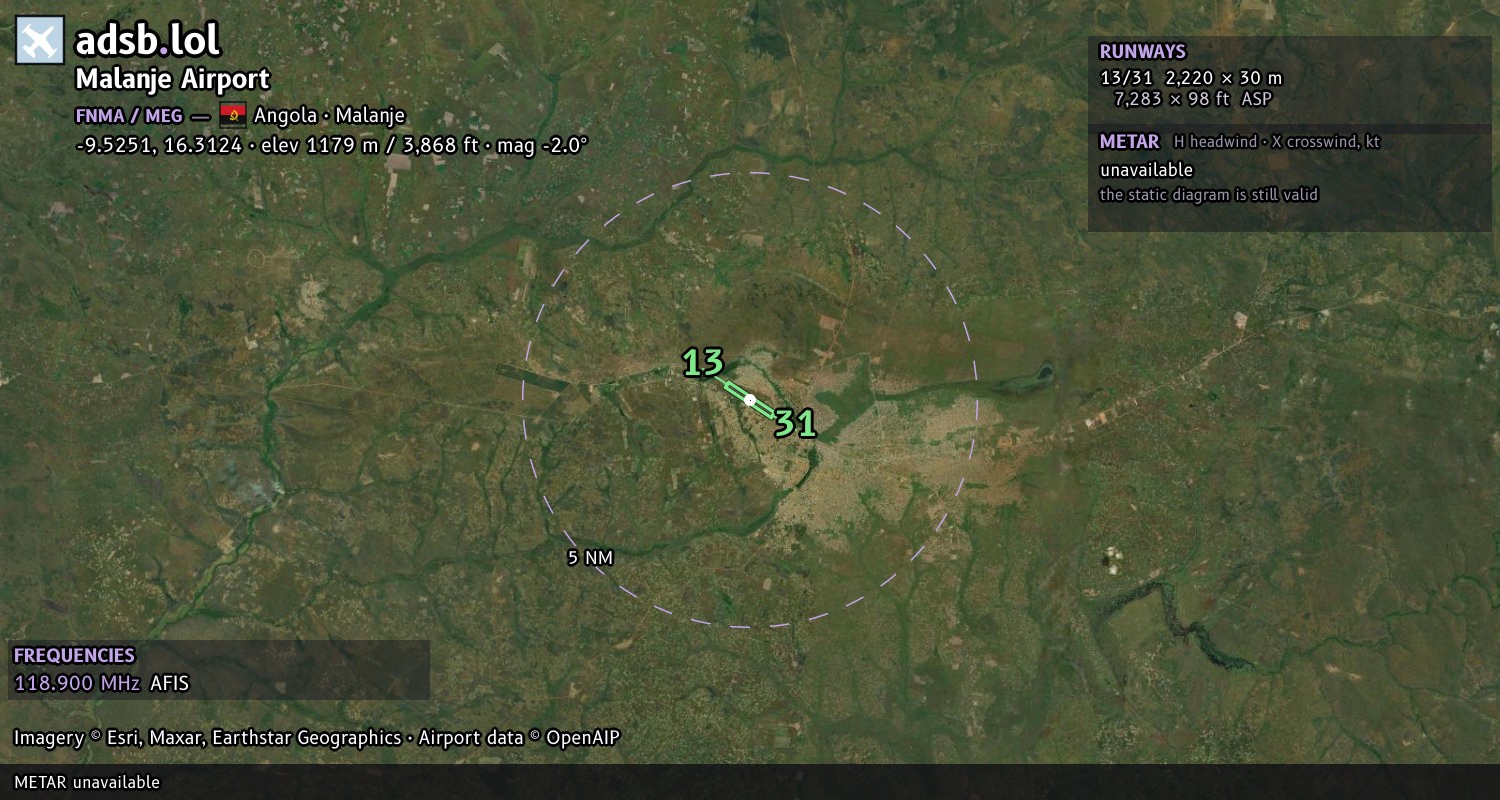 Satellite map with the runway layout of Malanje Airport (FNMA)