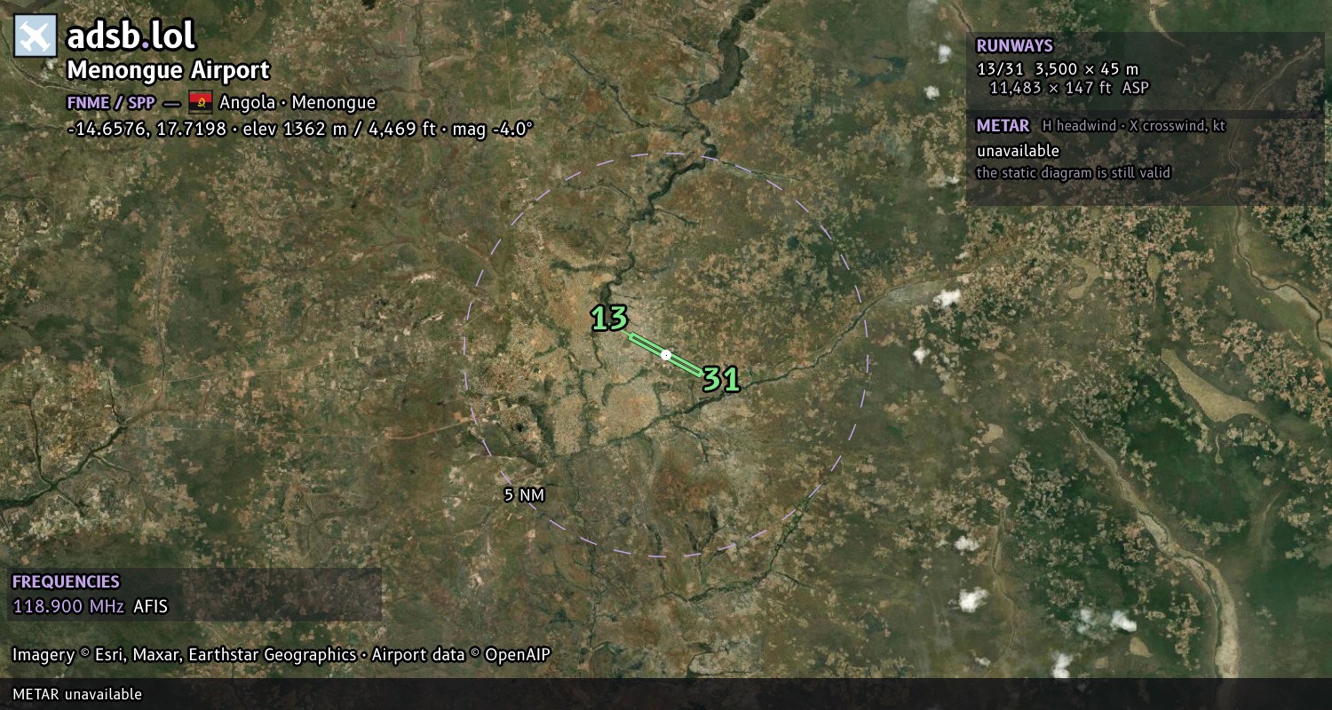 Satellite map with the runway layout of Menongue Airport (FNME)