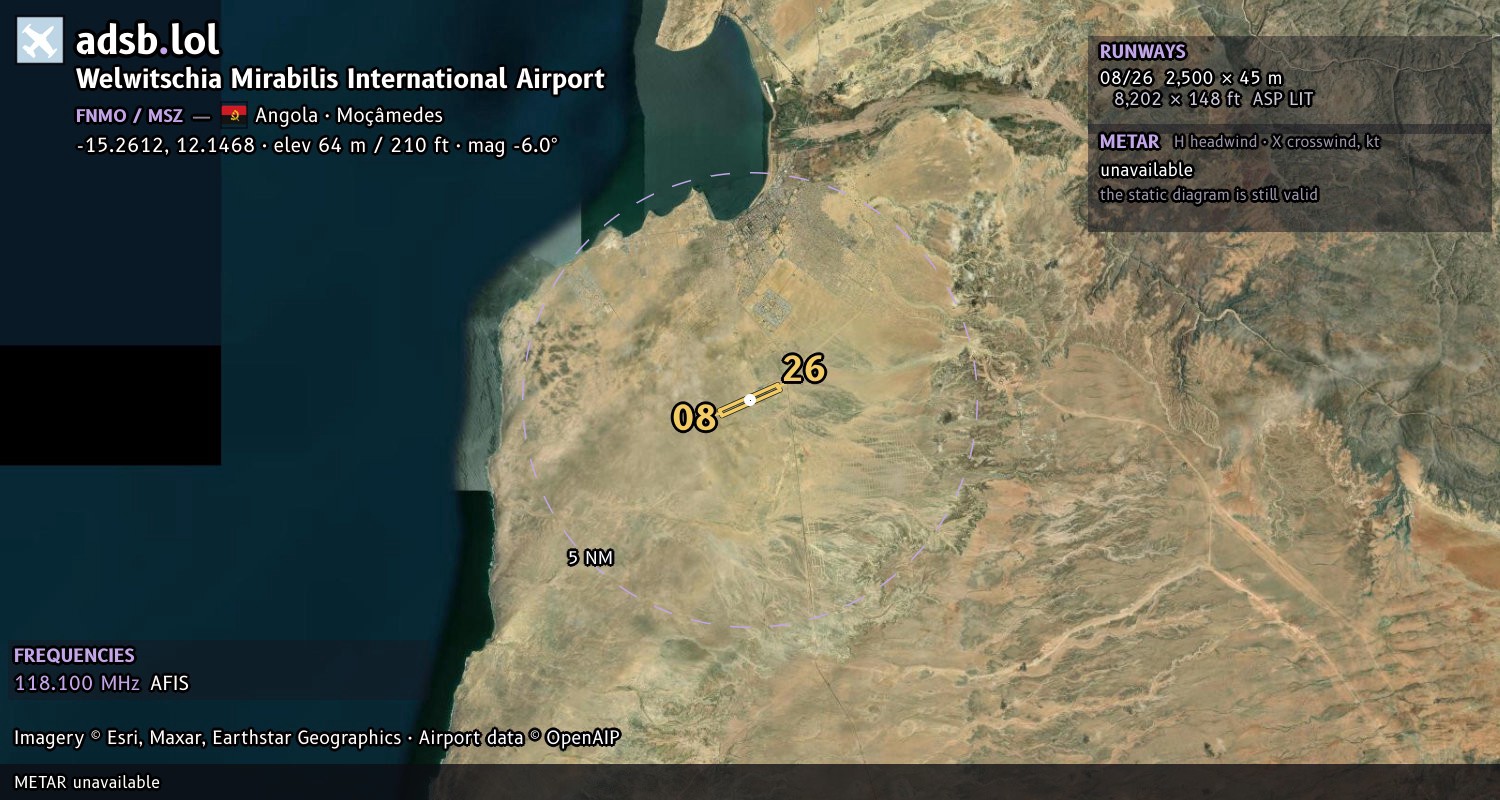 Satellite map with the runway layout of Welwitschia Mirabilis International Airport (FNMO)