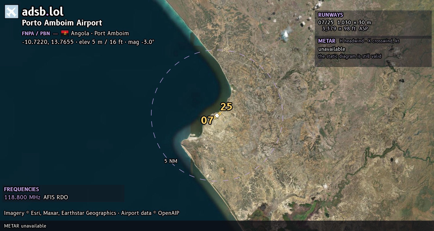 Satellite map with the runway layout of Porto Amboim Airport (FNPA)