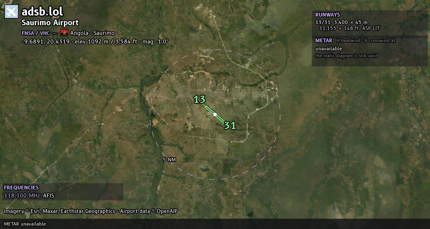 Satellite map with the runway layout of Saurimo Airport (FNSA)