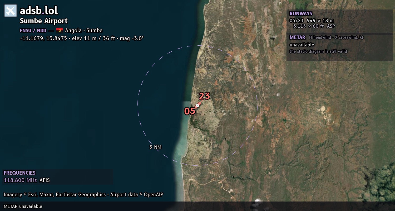 Satellite map with the runway layout of Sumbe Airport (FNSU)