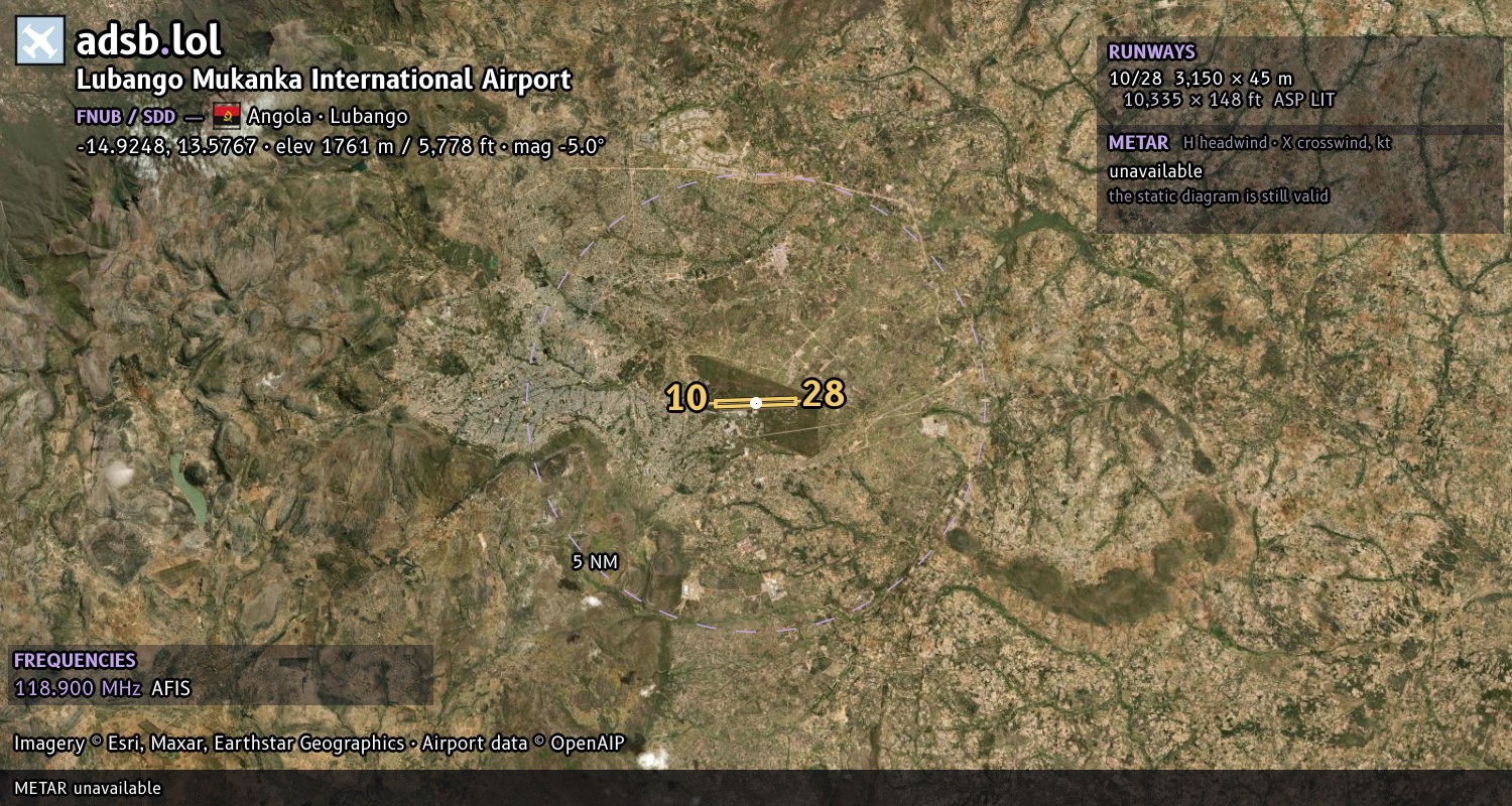 Satellite map with the runway layout of Lubango Mukanka International Airport (FNUB)