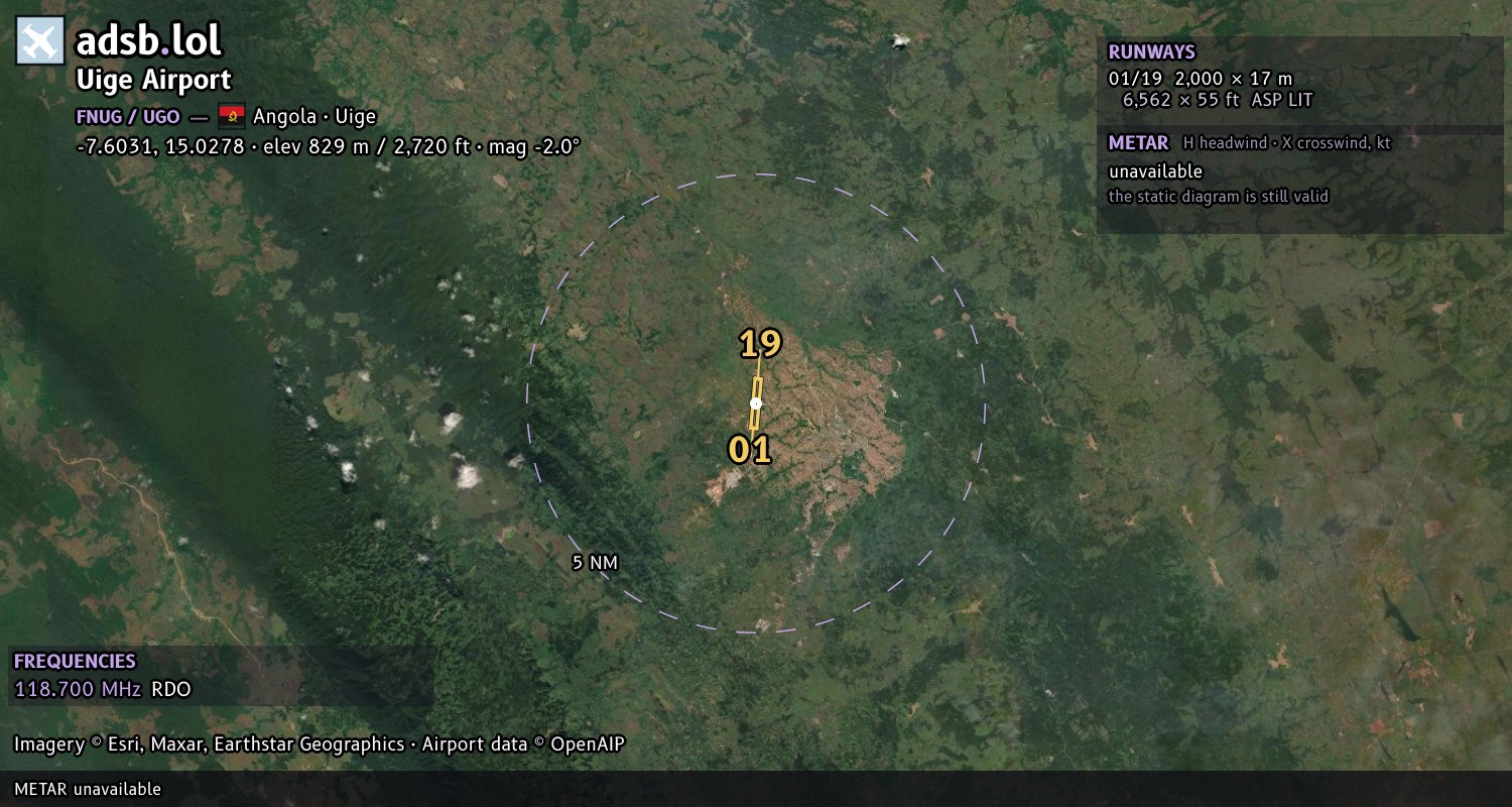 Satellite map with the runway layout of Uige Airport (FNUG)