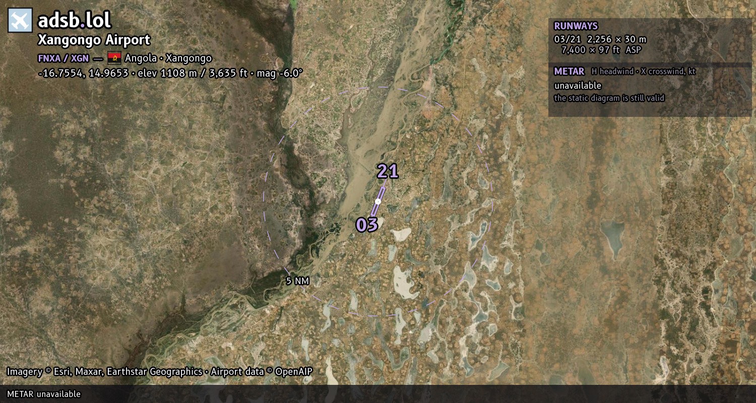 Satellite map with the runway layout of Xangongo Airport (FNXA)