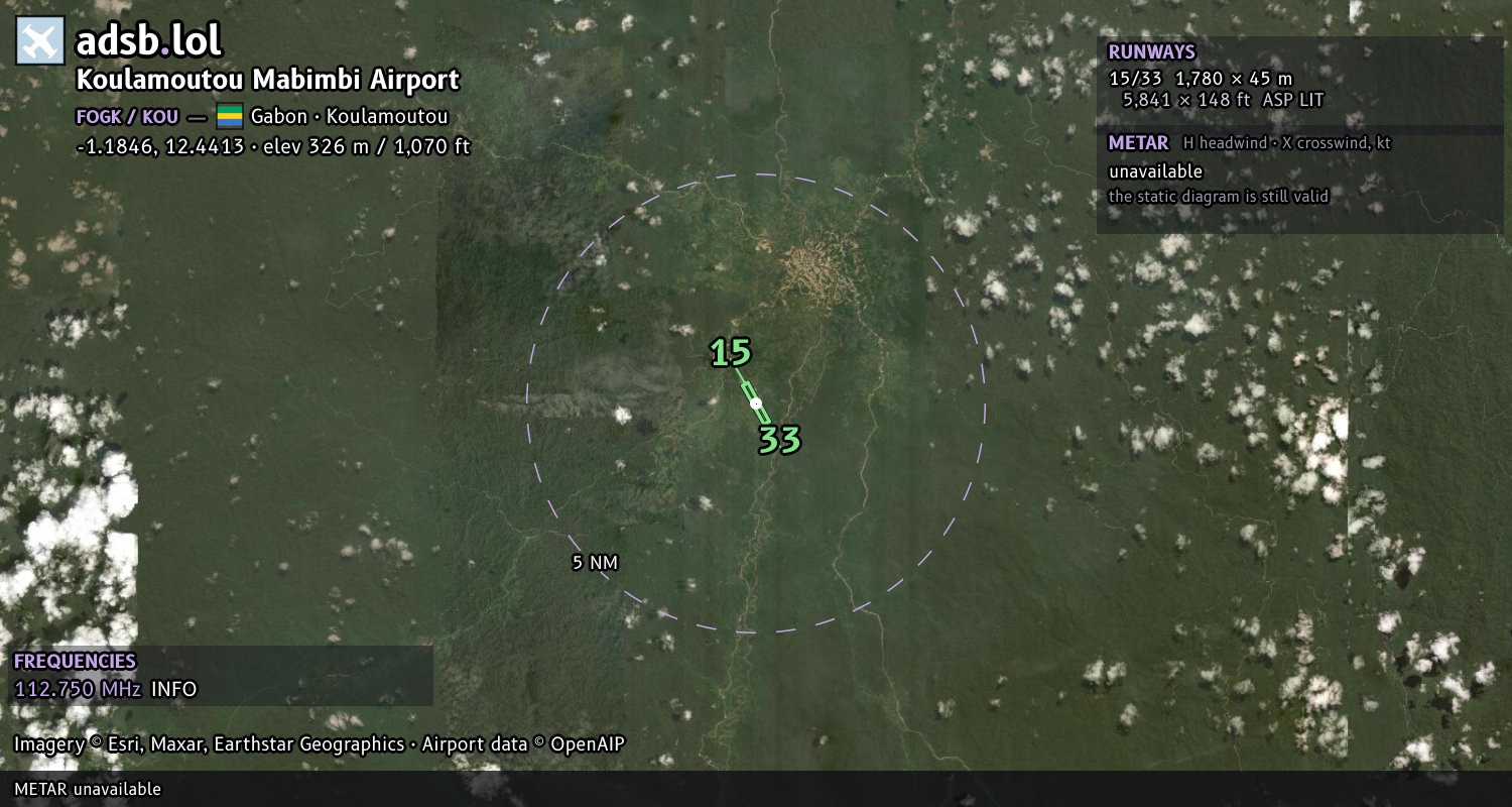 Satellite map with the runway layout of Koulamoutou Mabimbi Airport (FOGK)