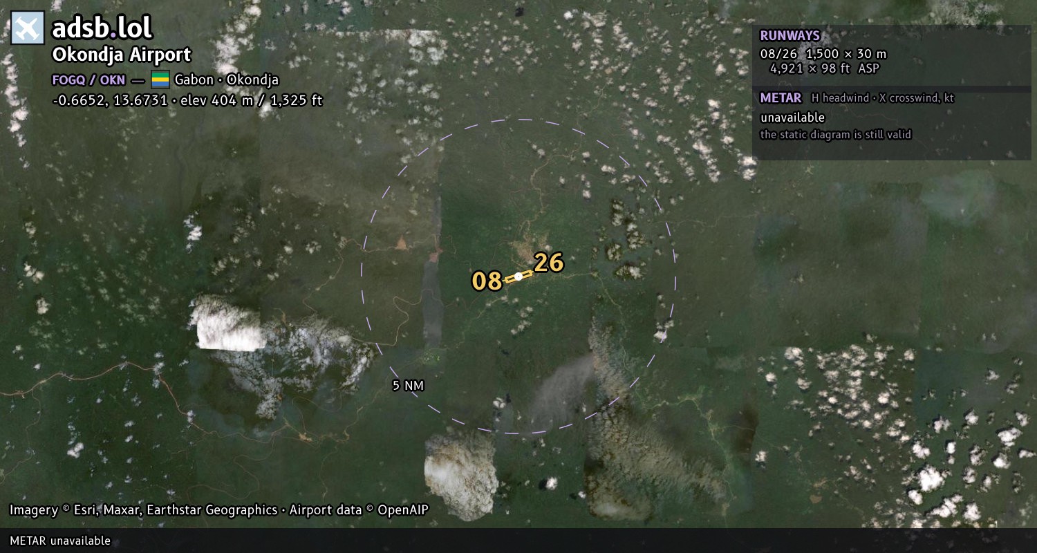 Satellite map with the runway layout of Okondja Airport (FOGQ)