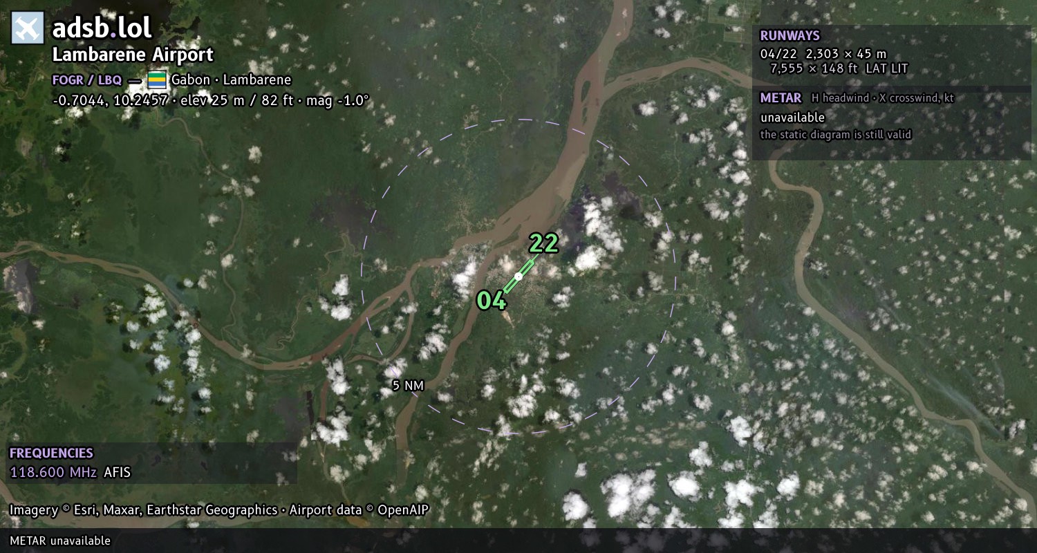 Satellite map with the runway layout of Lambarene Airport (FOGR)