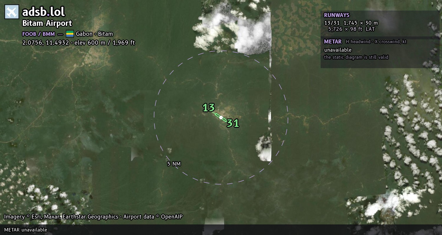 Satellite map with the runway layout of Bitam Airport (FOOB)