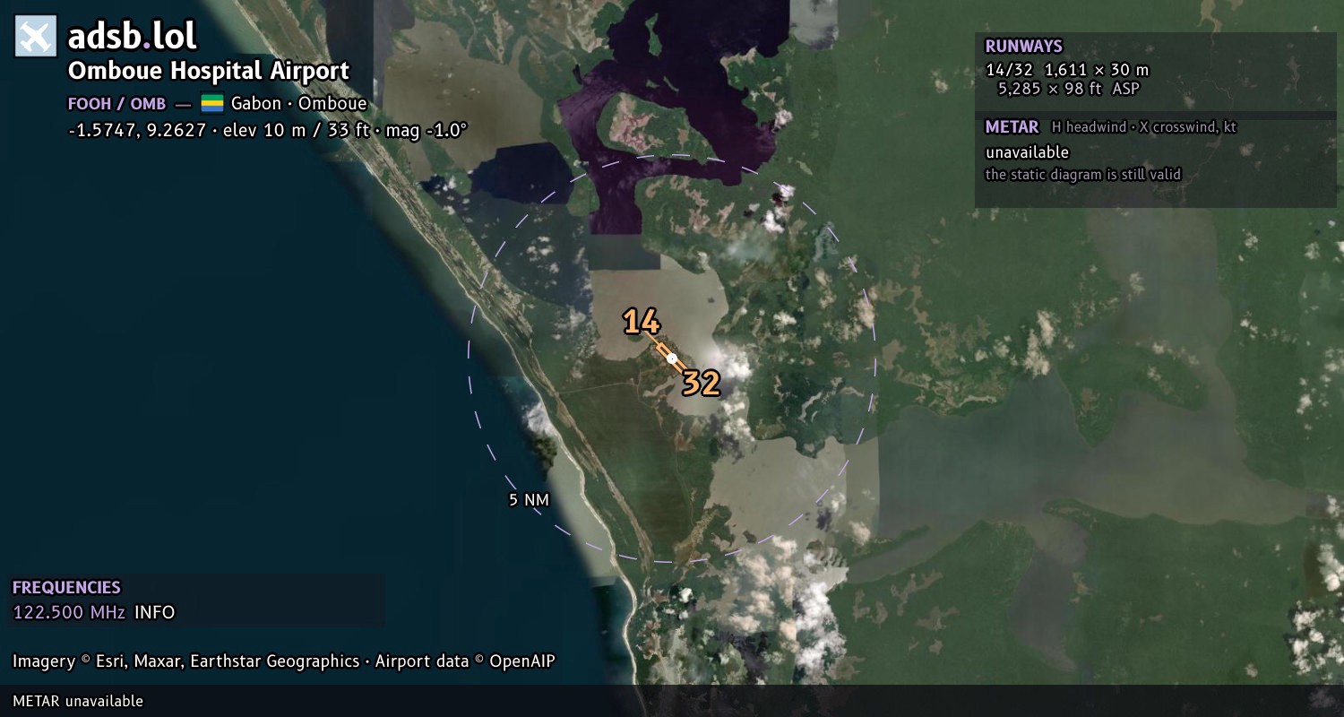 Satellite map with the runway layout of Omboue Hospital Airport (FOOH)