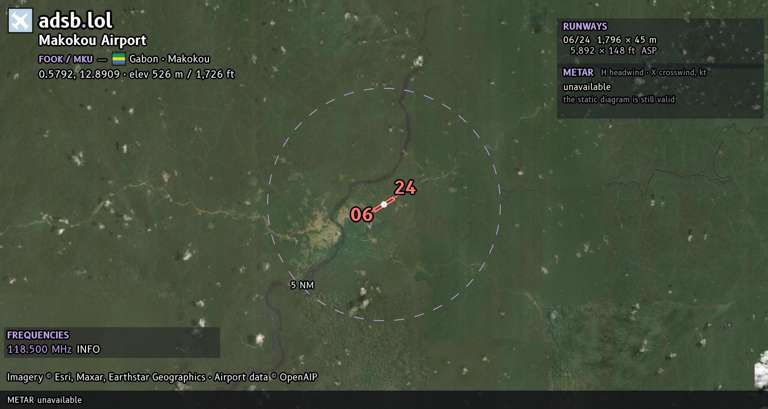 Satellite map with the runway layout of Makokou Airport (FOOK)