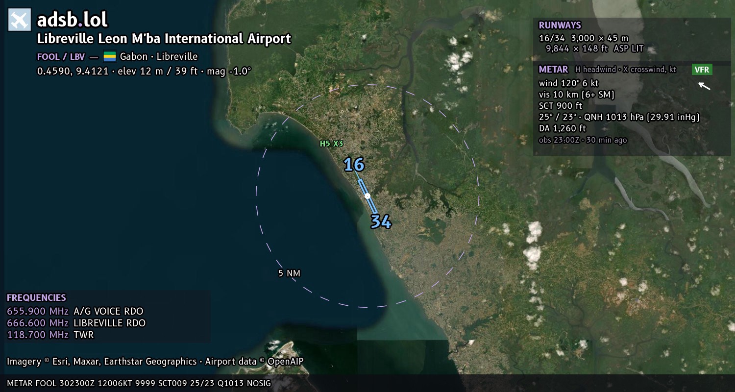 Satellite map with the runway layout of Libreville Leon M'ba International Airport (FOOL)