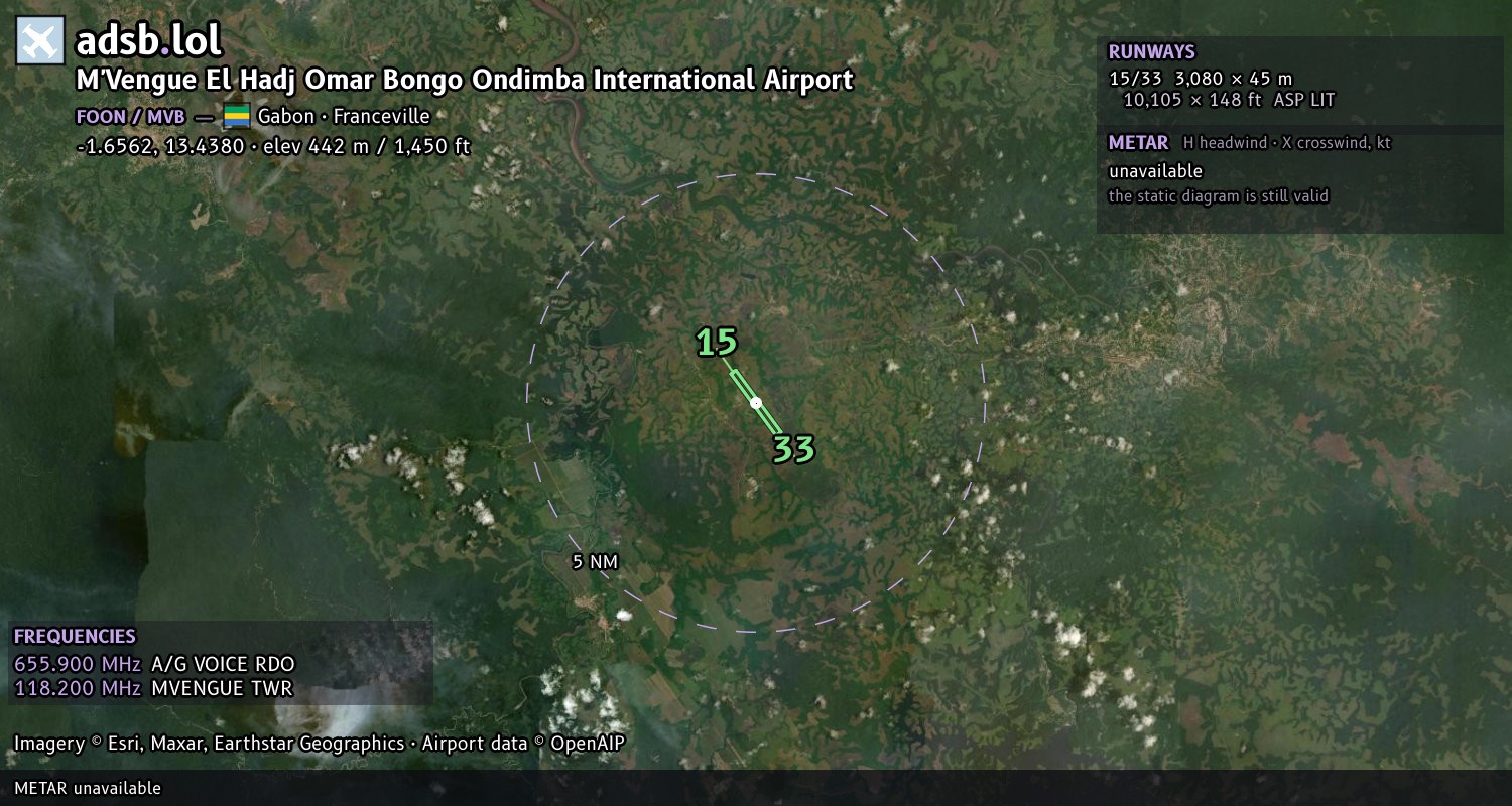 Satellite map with the runway layout of M'Vengue El Hadj Omar Bongo Ondimba International Airport (FOON)