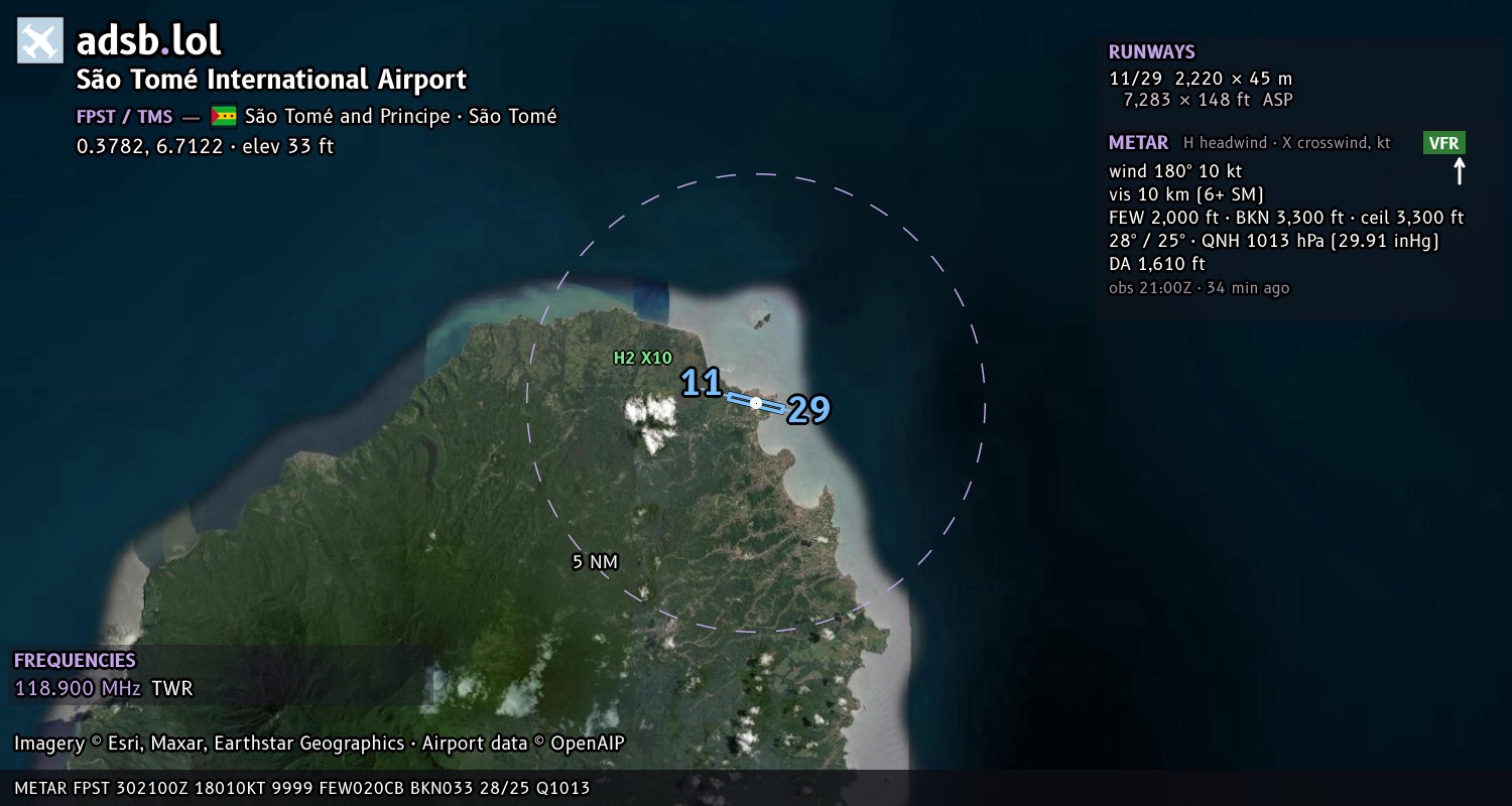 Satellite map with the runway layout of São Tomé International Airport (FPST)