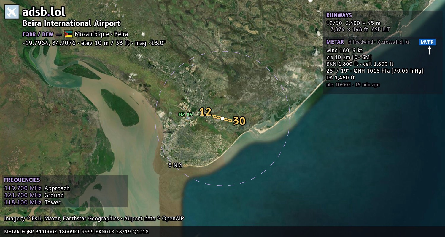 Satellite map with the runway layout of Beira International Airport (FQBR)