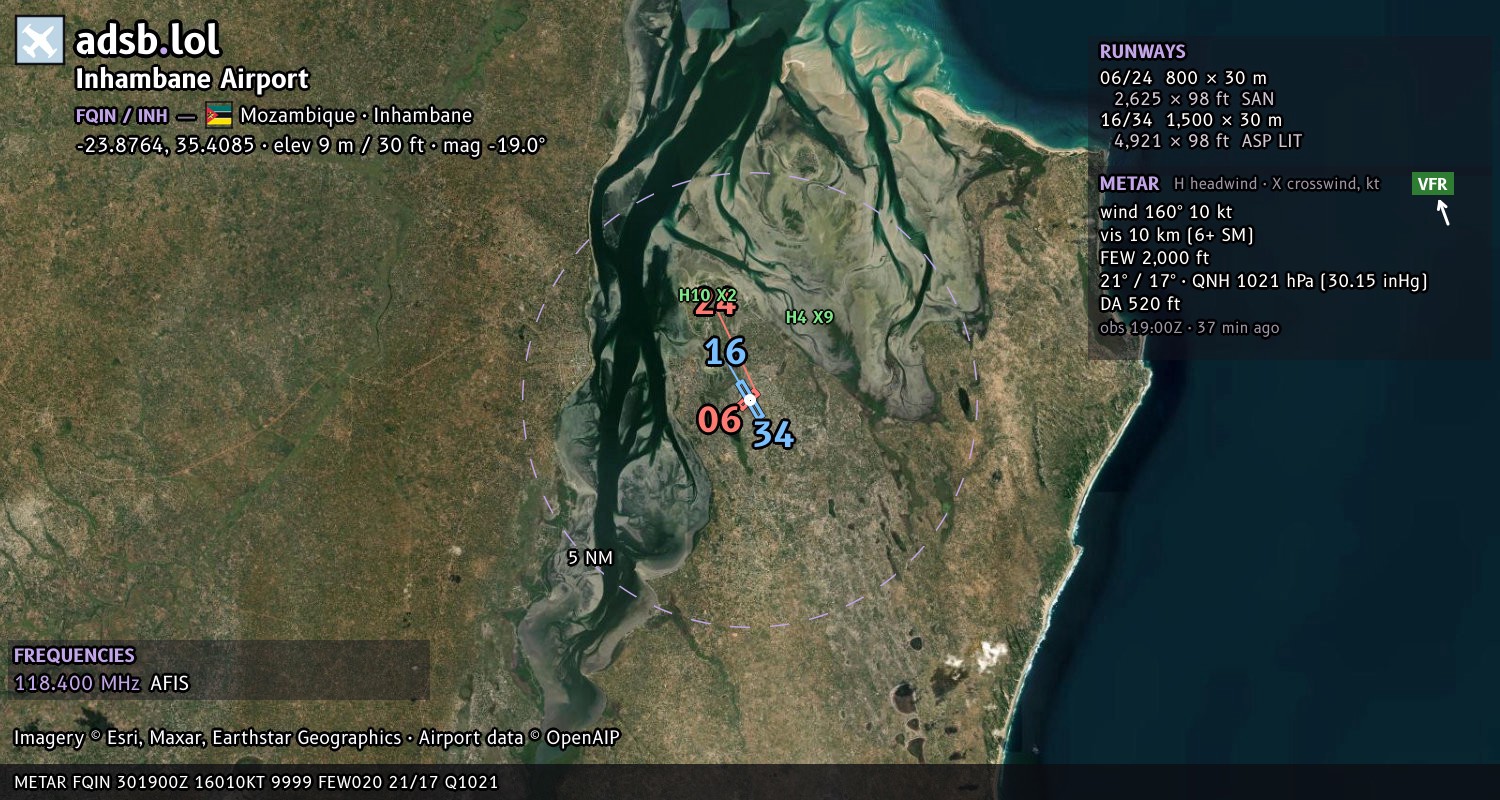Satellite map with the runway layout of Inhambane Airport (FQIN)
