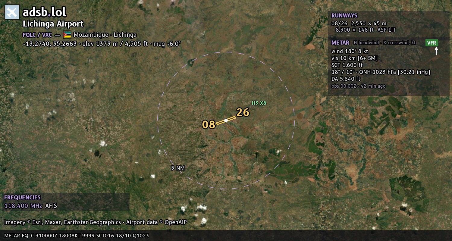 Satellite map with the runway layout of Lichinga Airport (FQLC)