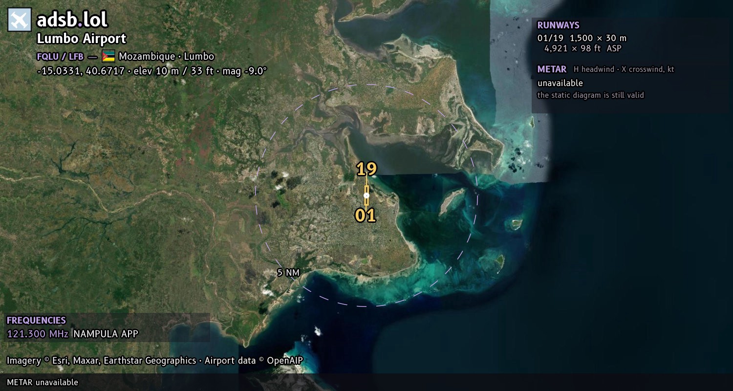 Satellite map with the runway layout of Lumbo Airport (FQLU)