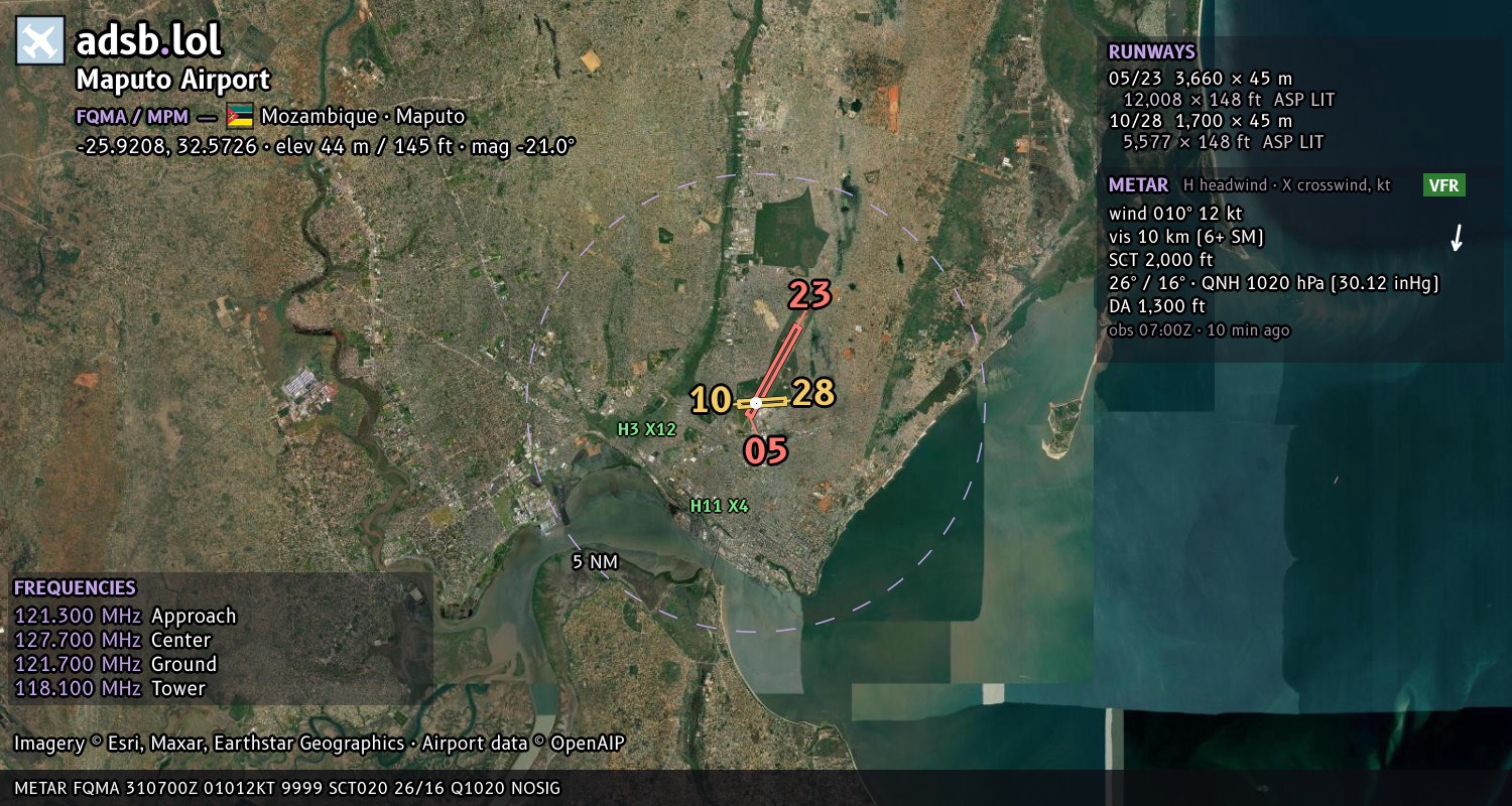 Satellite map with the runway layout of Maputo Airport (FQMA)