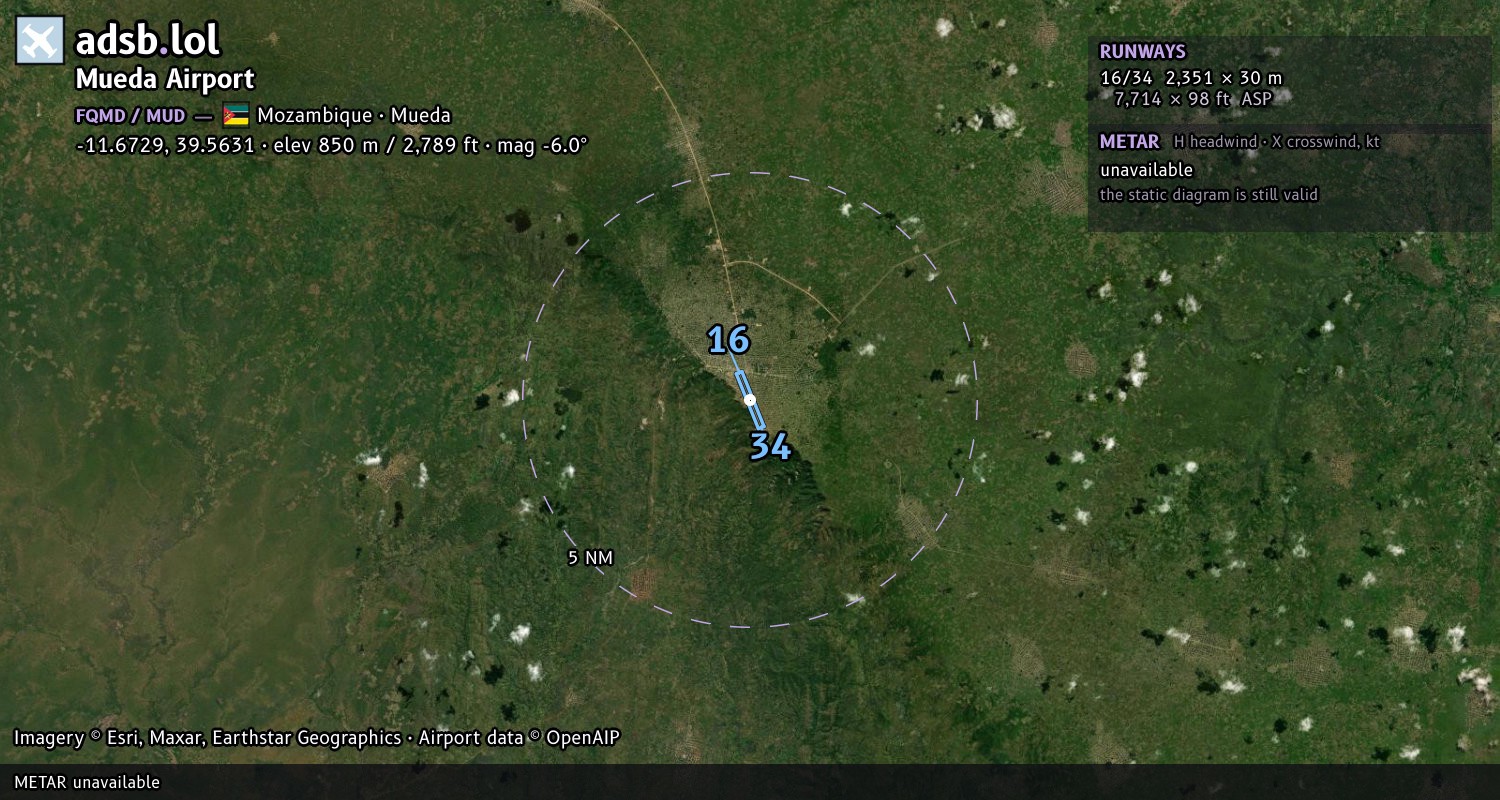 Satellite map with the runway layout of Mueda Airport (FQMD)