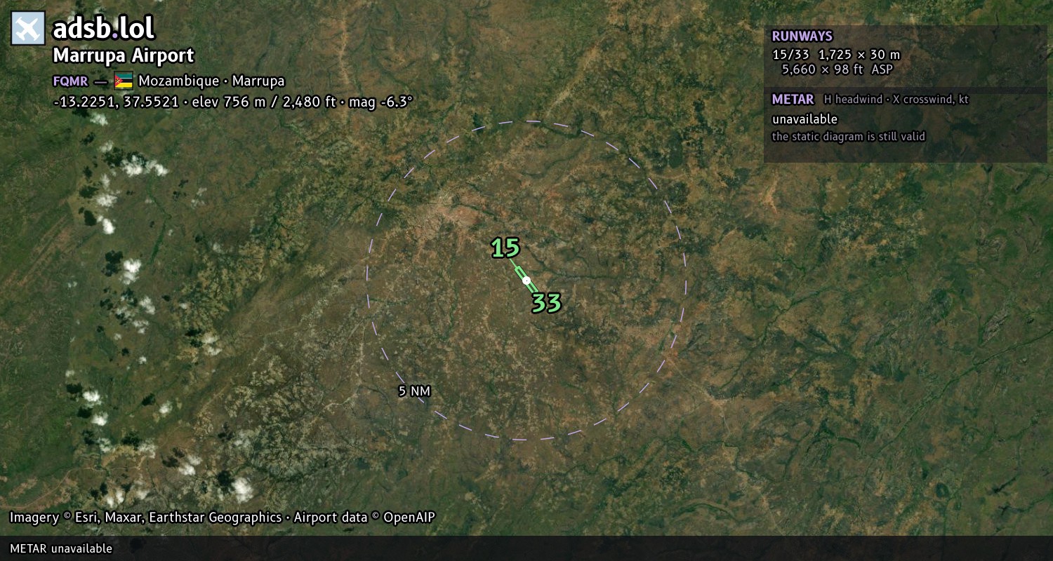 Satellite map with the runway layout of Marrupa Airport (FQMR)