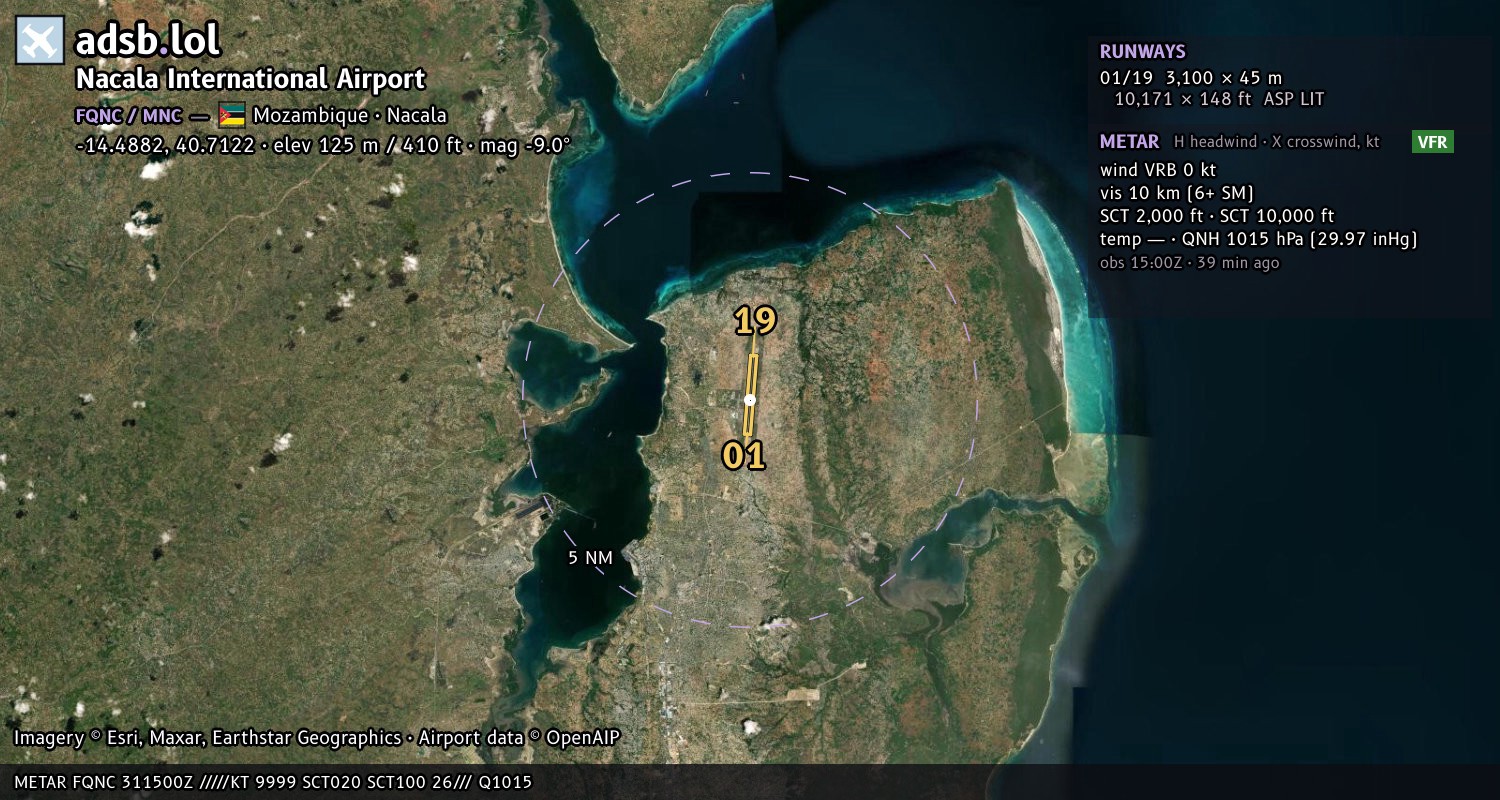 Satellite map with the runway layout of Nacala International Airport (FQNC)