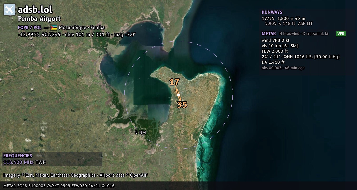 Satellite map with the runway layout of Pemba Airport (FQPB)