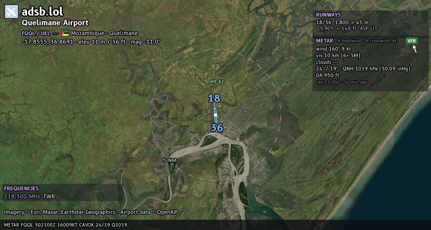 Satellite map with the runway layout of Quelimane Airport (FQQL)