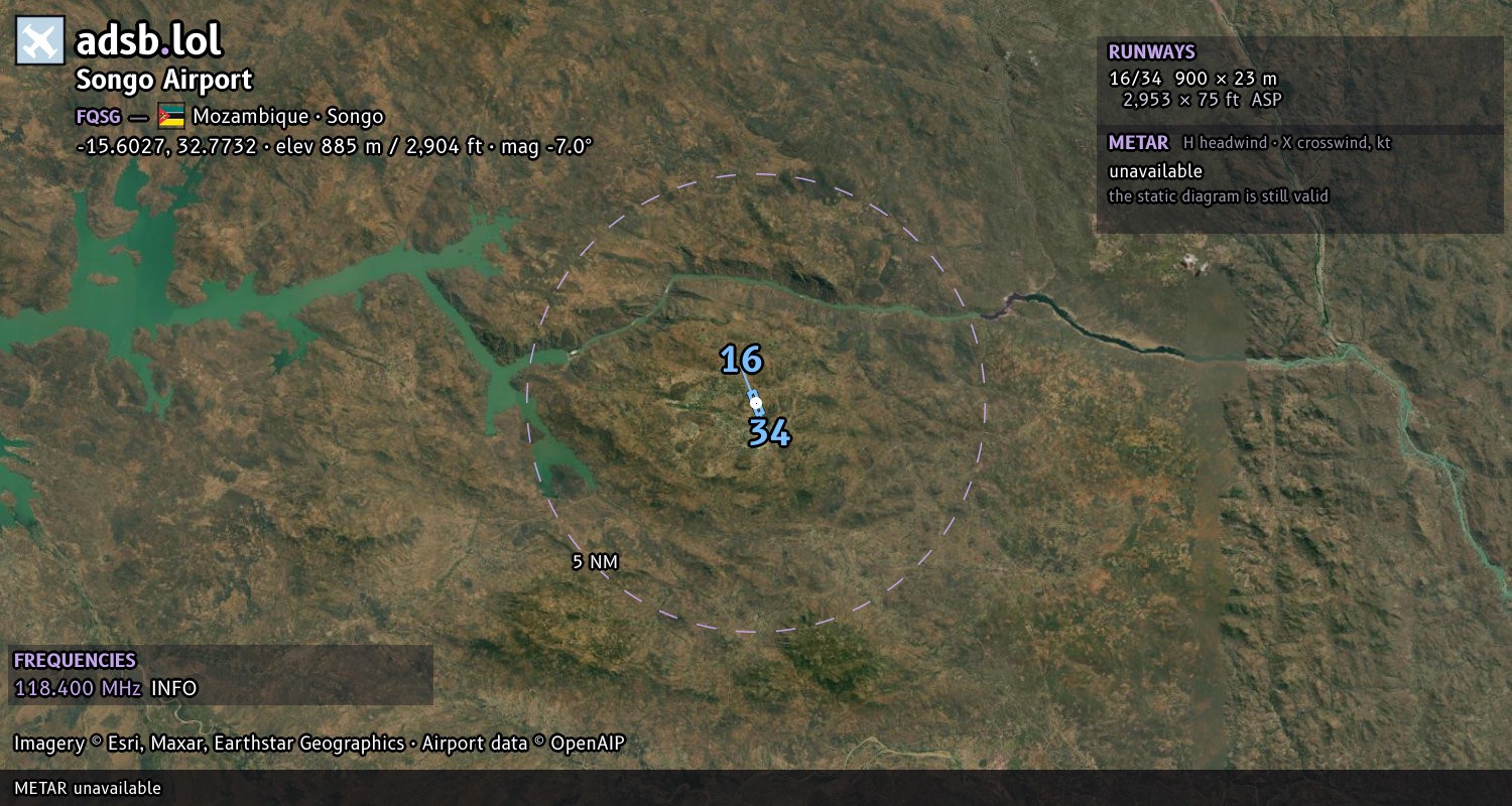 Satellite map with the runway layout of Songo Airport (FQSG)