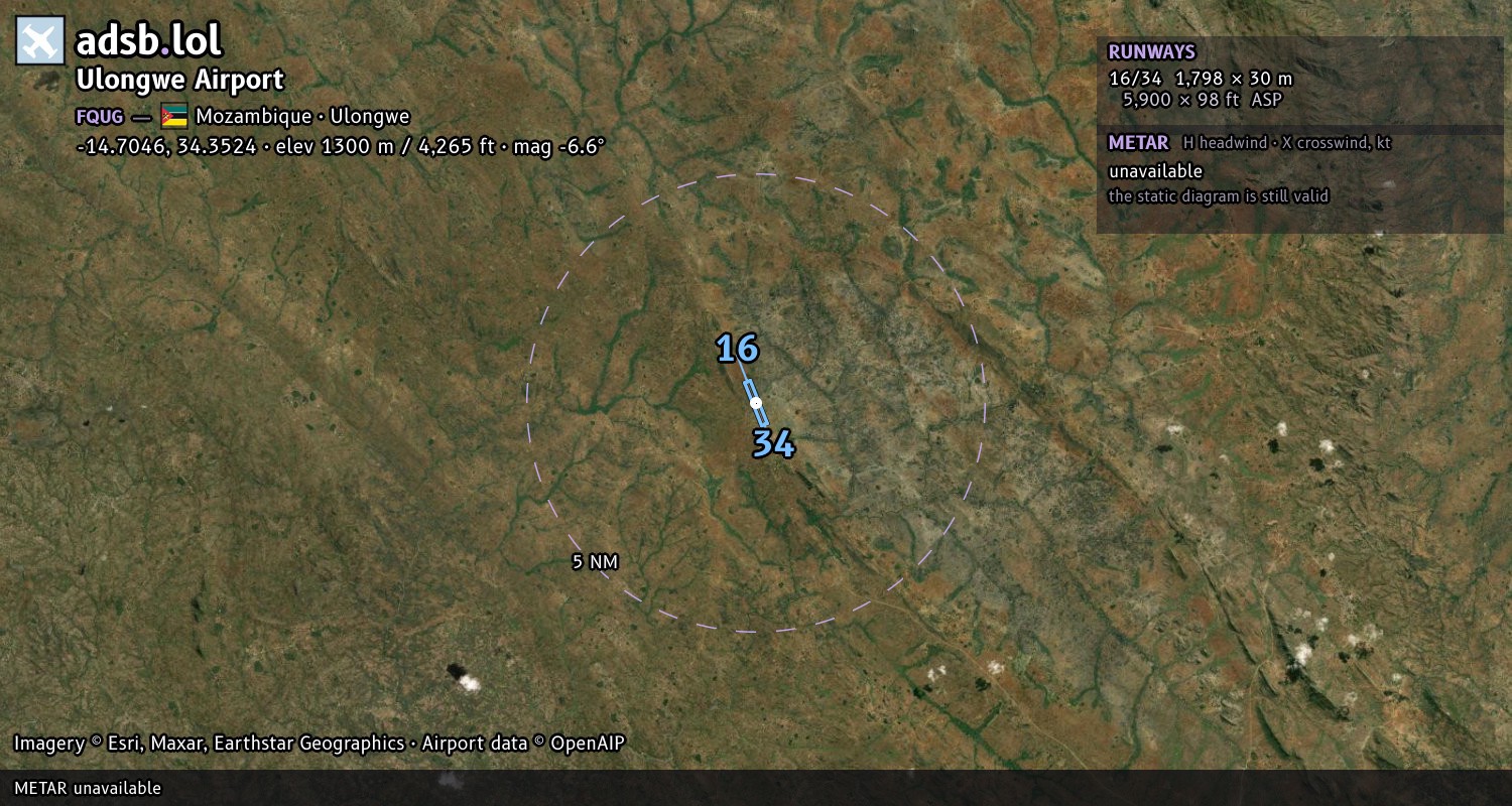 Satellite map with the runway layout of Ulongwe Airport (FQUG)