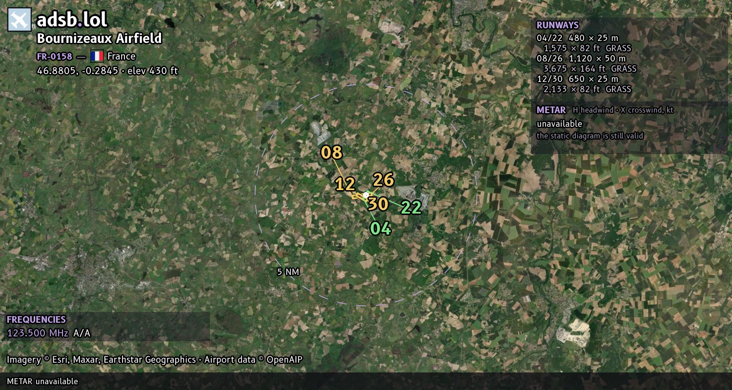 Satellite map with the runway layout of Bournizeaux Airfield (FR-0158)