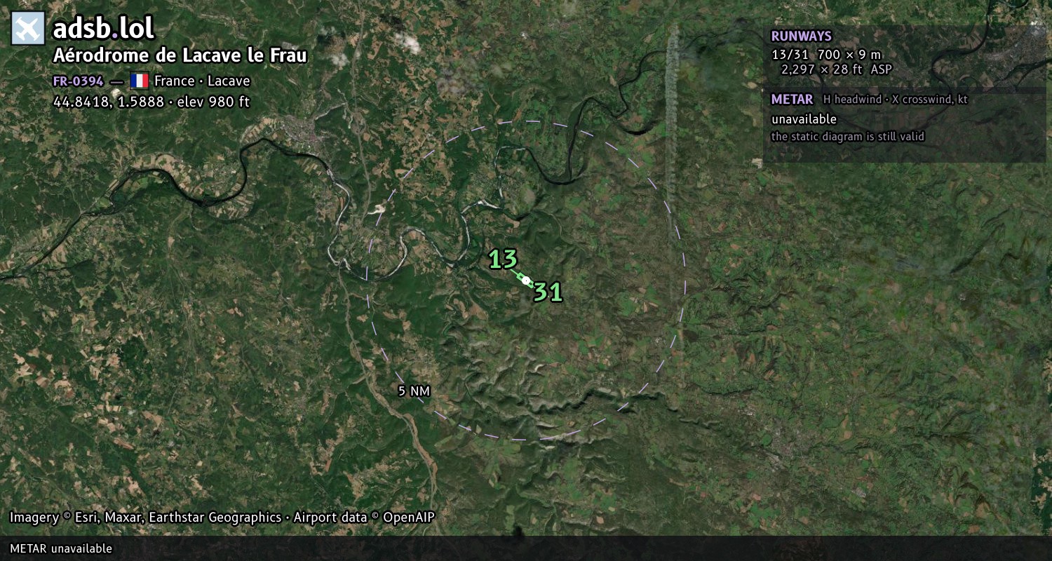 Satellite map with the runway layout of Aérodrome de Lacave le Frau (FR-0394)