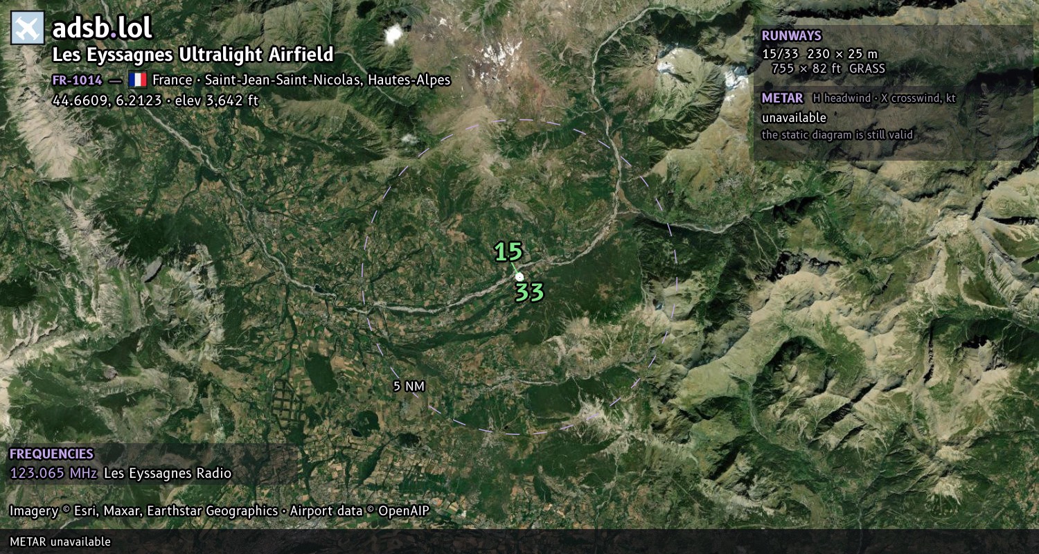 Satellite map with the runway layout of Les Eyssagnes Ultralight Airfield (FR-1014)