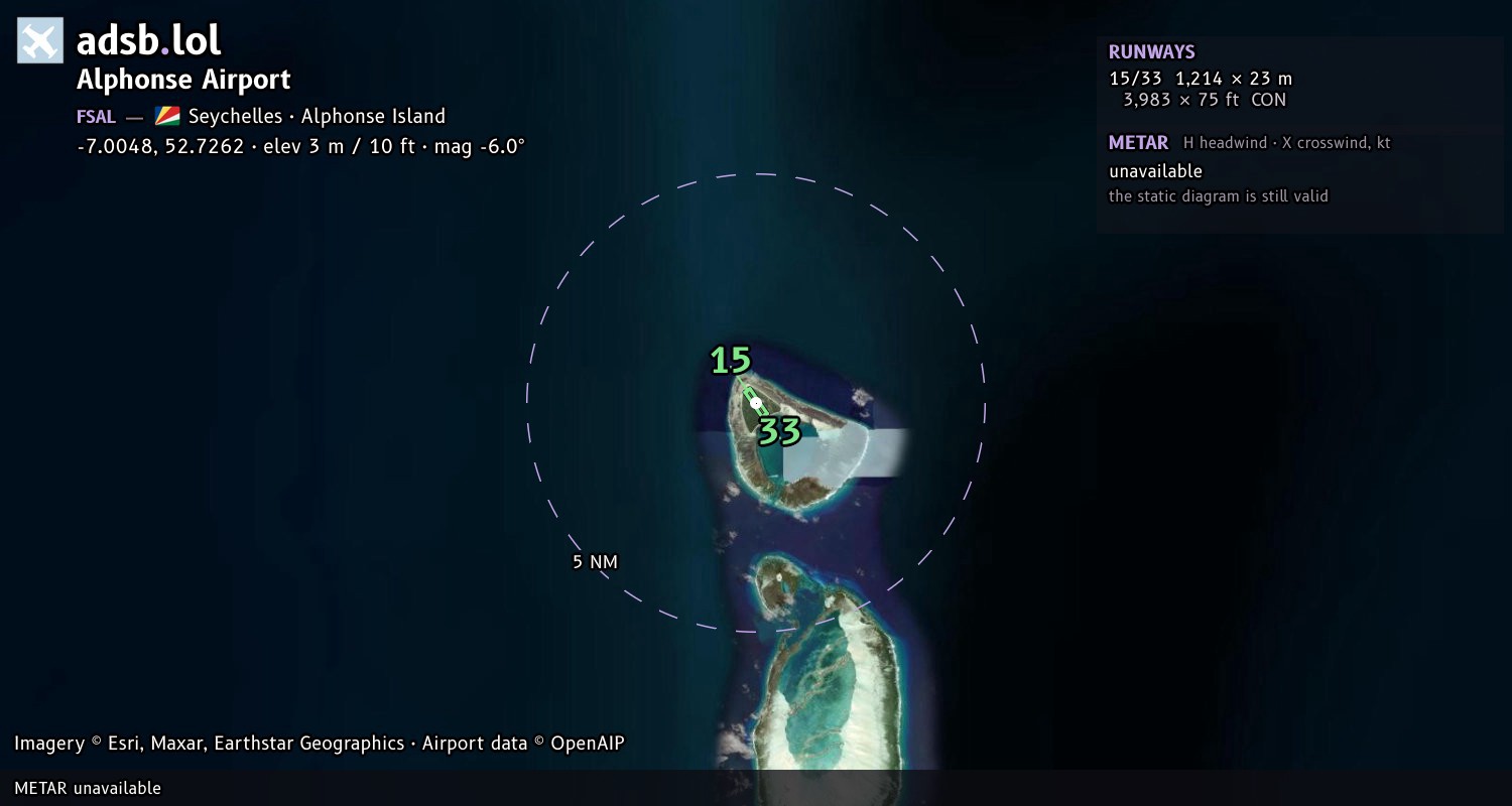 Satellite map with the runway layout of Alphonse Airport (FSAL)