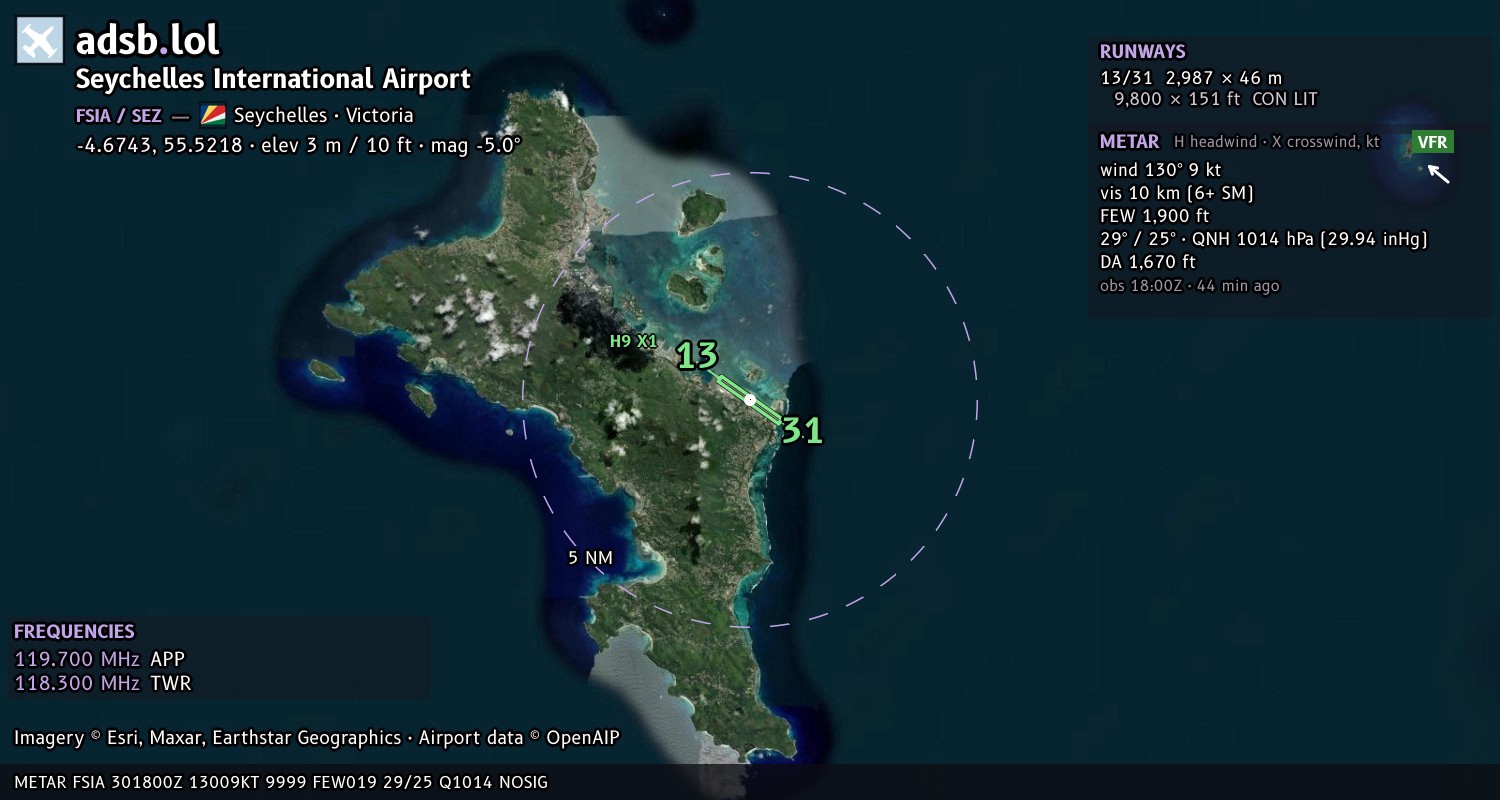 Satellite map with the runway layout of Seychelles International Airport (FSIA)