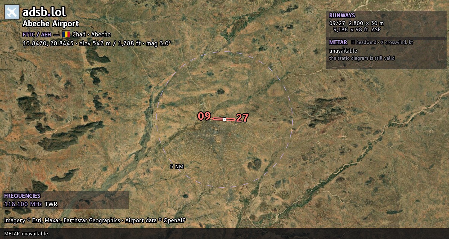 Satellite map with the runway layout of Abeche Airport (FTTC)