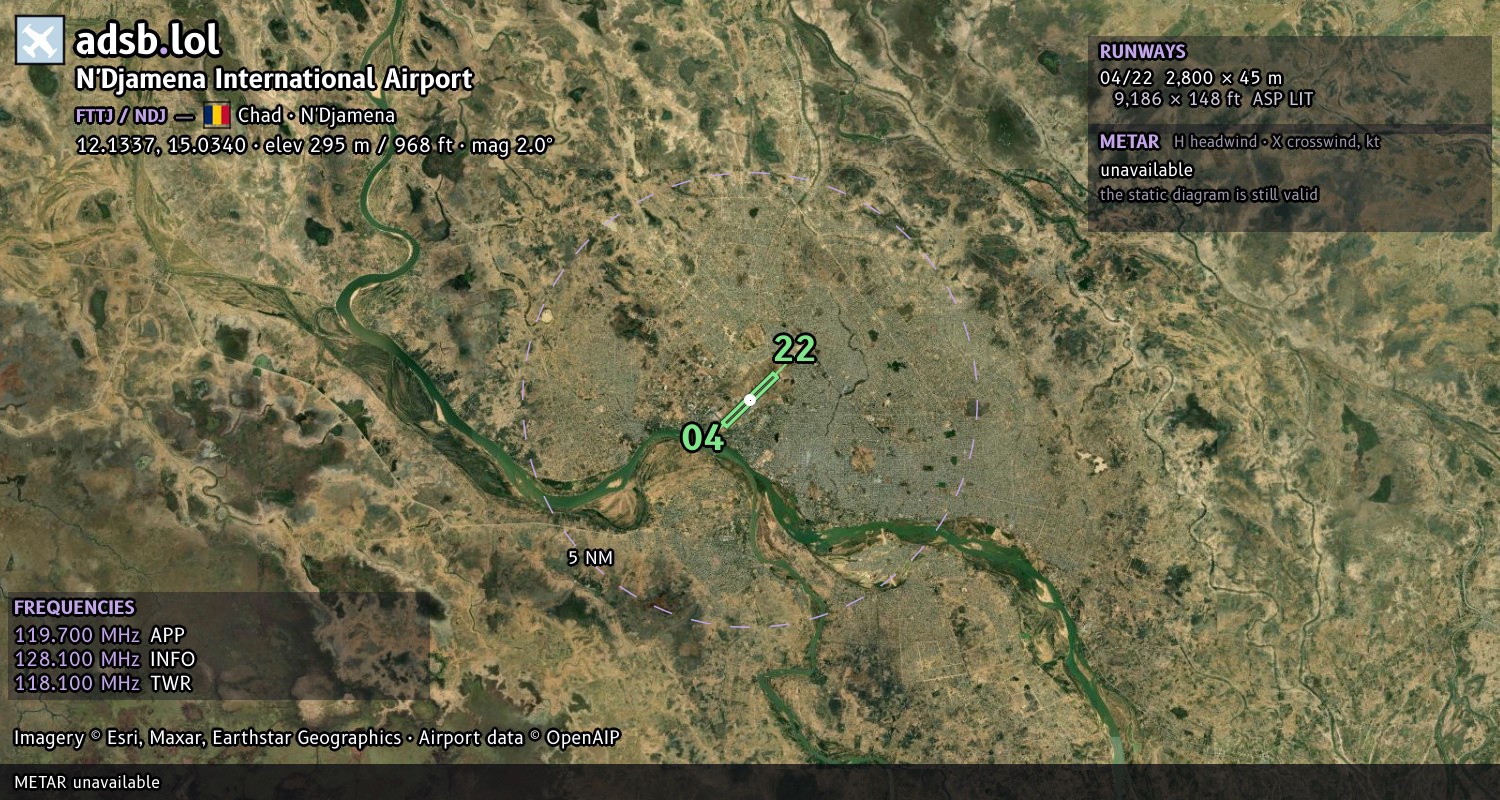 Satellite map with the runway layout of N'Djamena International Airport (FTTJ)