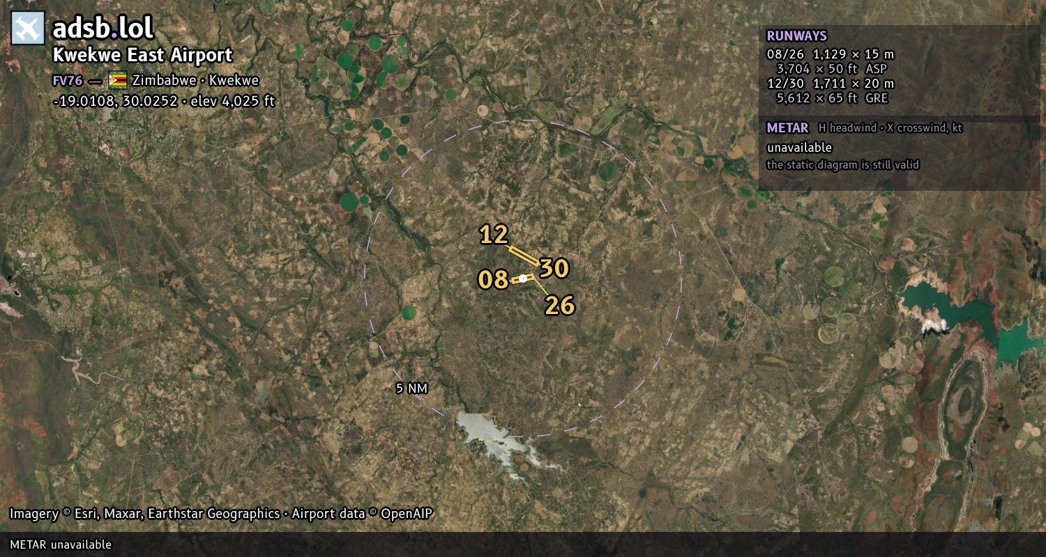 Satellite map with the runway layout of Kwekwe East Airport (FV76)
