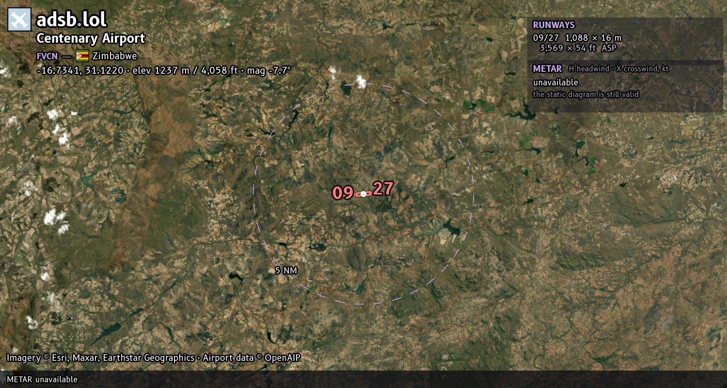 Satellite map with the runway layout of Centenary Airport (FVCN)