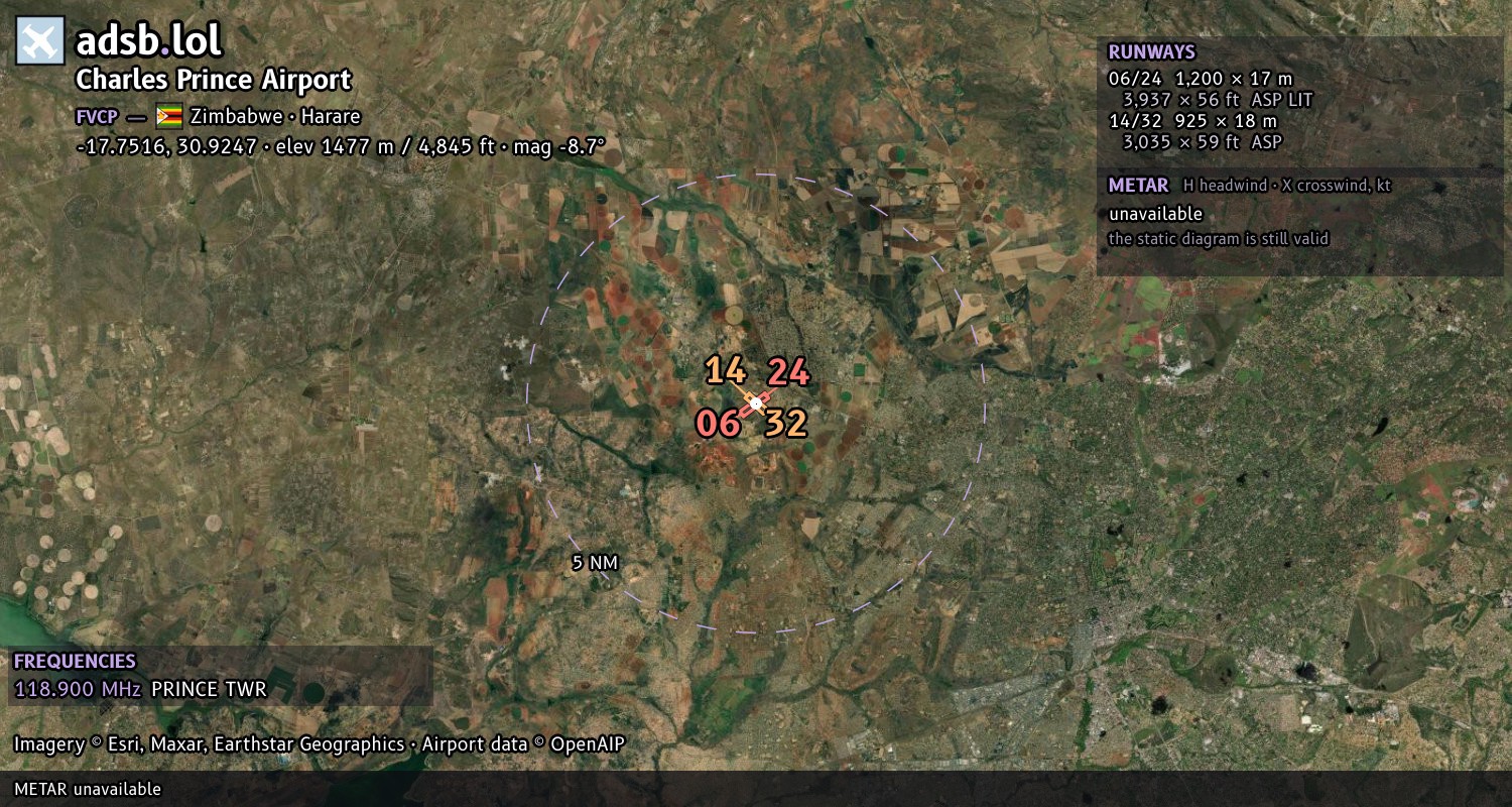 Satellite map with the runway layout of Charles Prince Airport (FVCP)