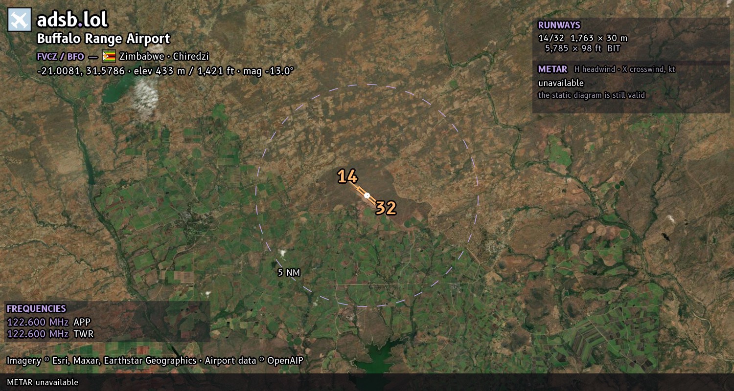 Satellite map with the runway layout of Buffalo Range Airport (FVCZ)
